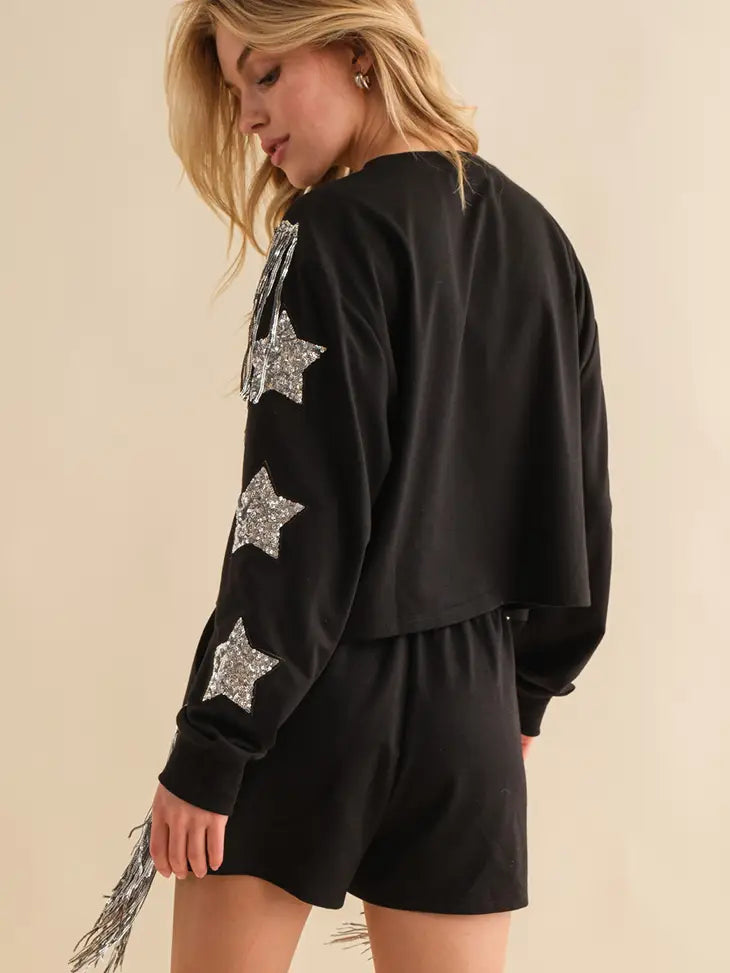 Sequin Fringe and Star Patch Crop Sweater/Top