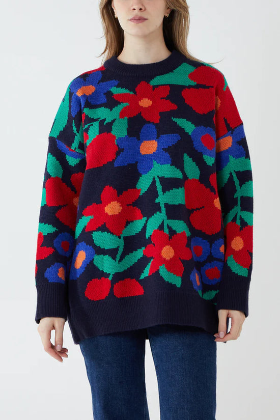 Multi Coloured Floral Jacquard Oversized Jumper